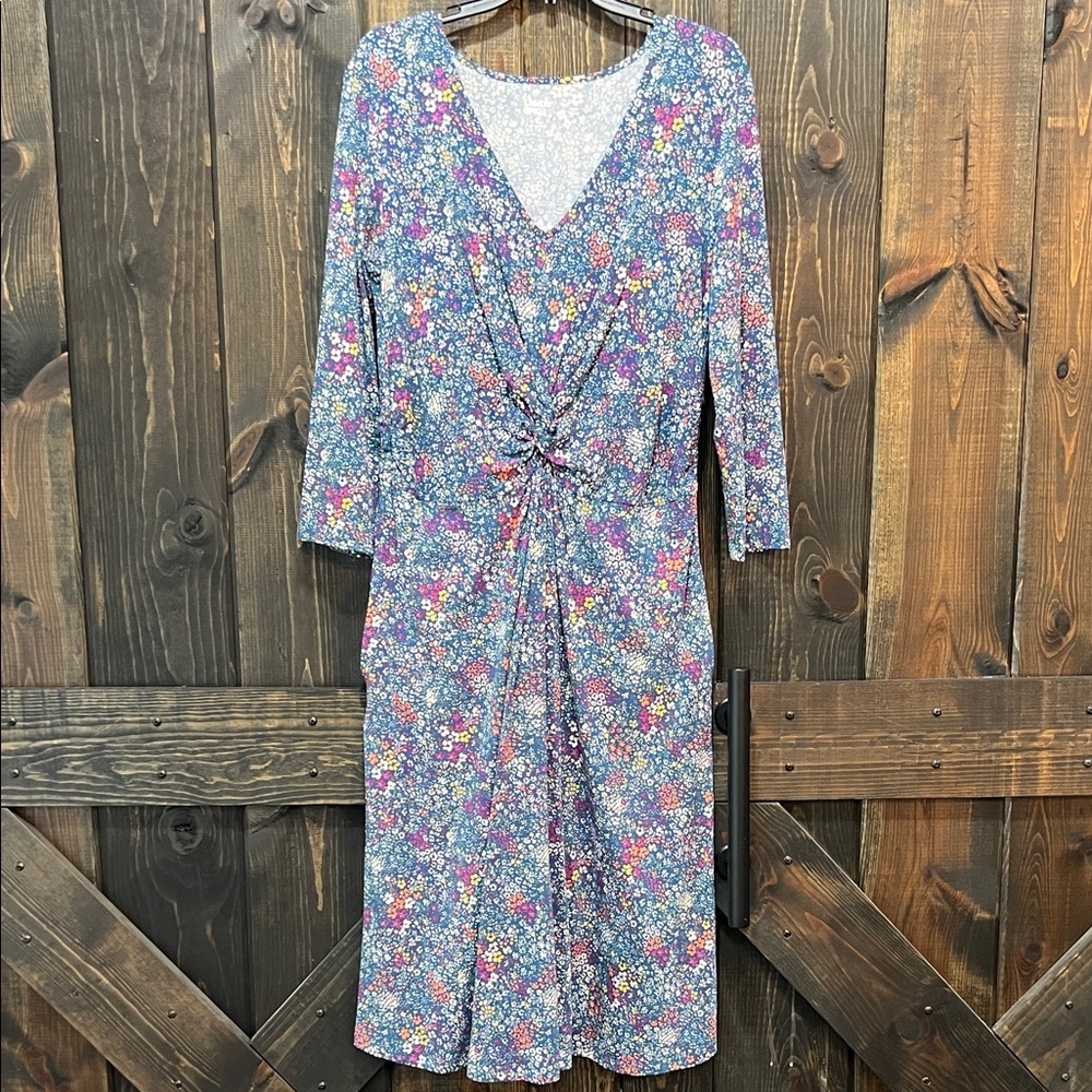 Lands End Floral Midi Dress M Tall Sheath Knot Front 3/4 Cottagecore Outdoor